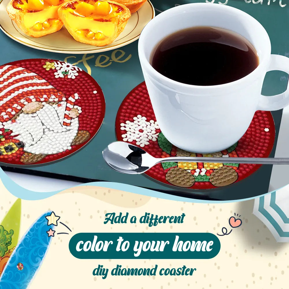 8PCS Diamond Painting Art Coaster Kit Full Drill Coaster(Wooden Christmas Gnome)