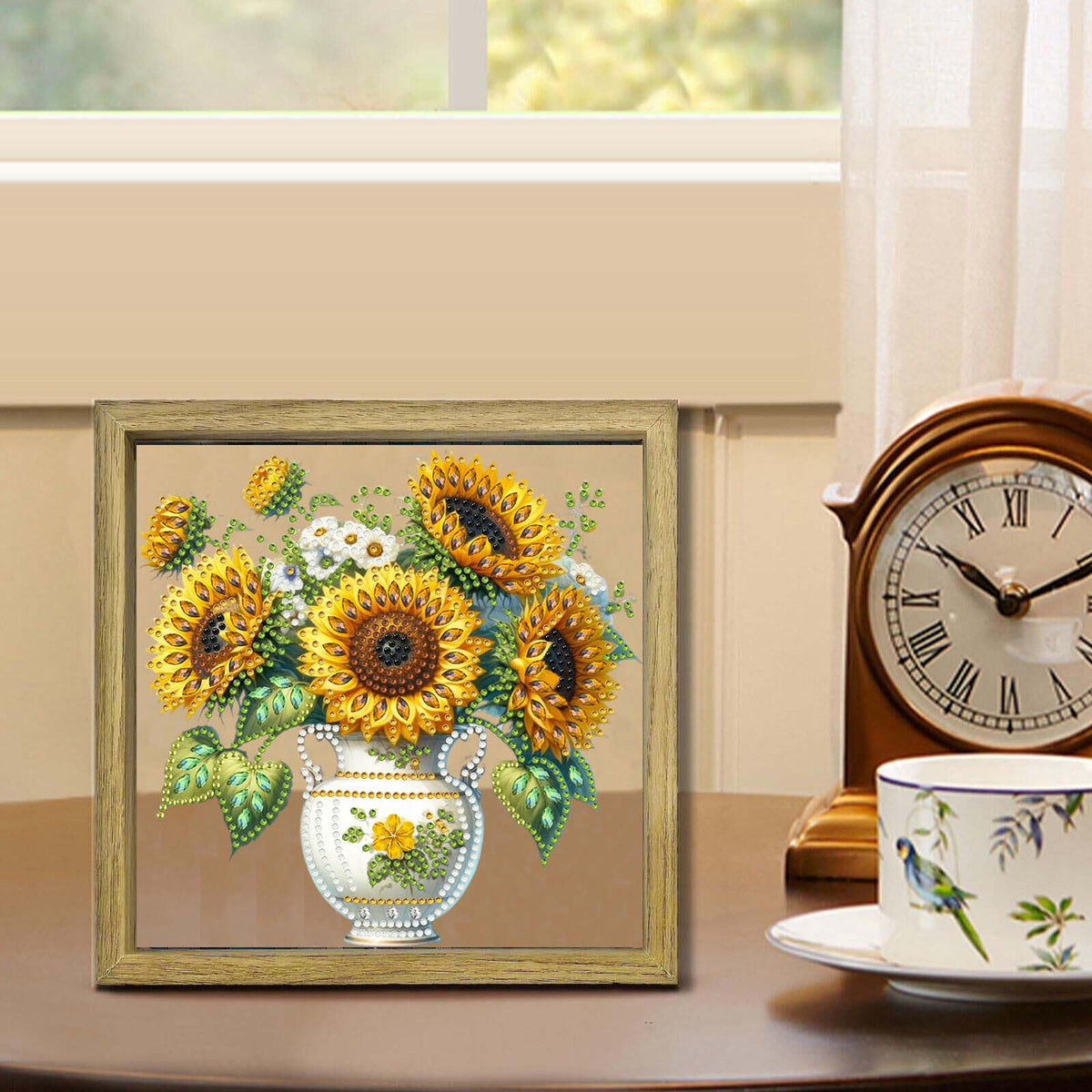 Sunflower DIY Special Shape Double sided Print Clear Diamond Art Kit Wooden Framed Diamond Painting Kit(21.5x21.5cm)