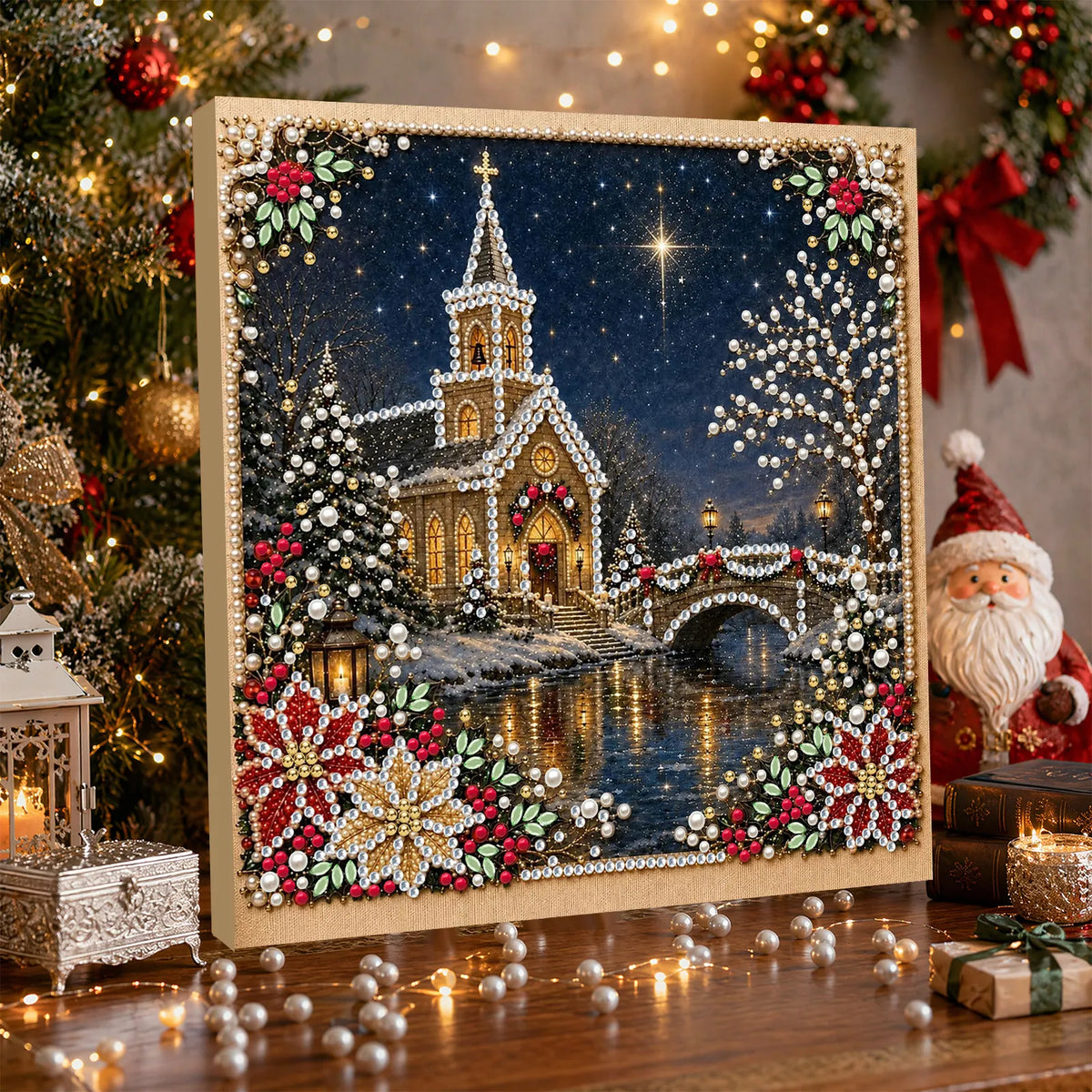 DIY Pearl Painting Christmas Church with Frame(20x20cm)
